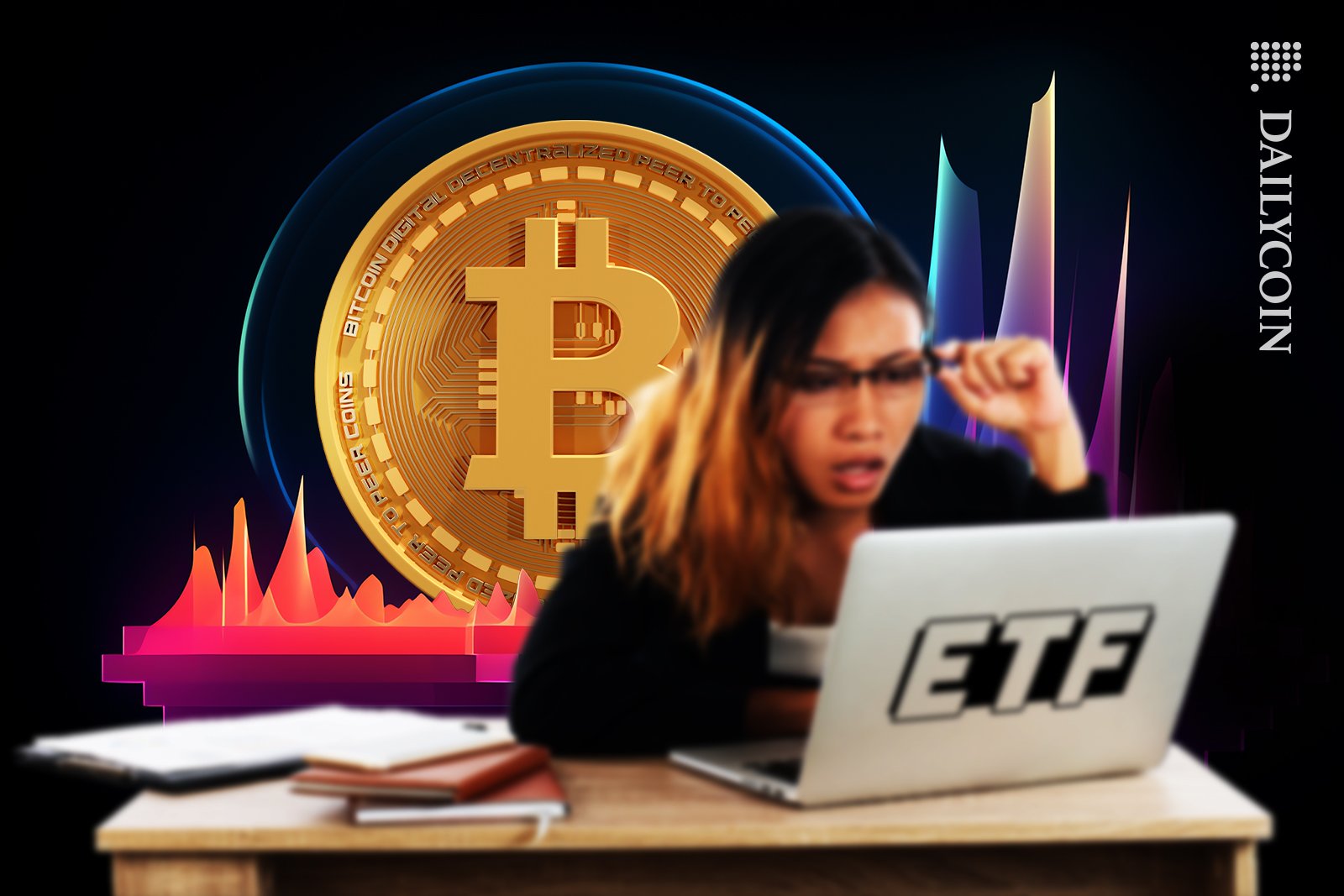 Woman is shocked with Bitcoin rise, sad about ETF.