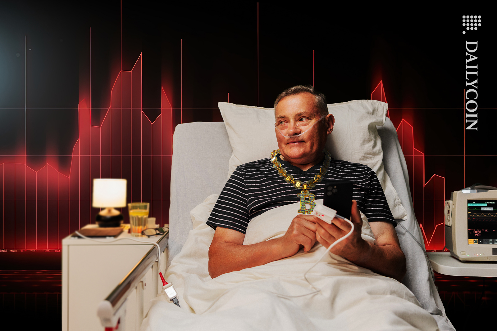 Man in hospital trading bitcoin with a BTC necklace, and a red graph behind him.