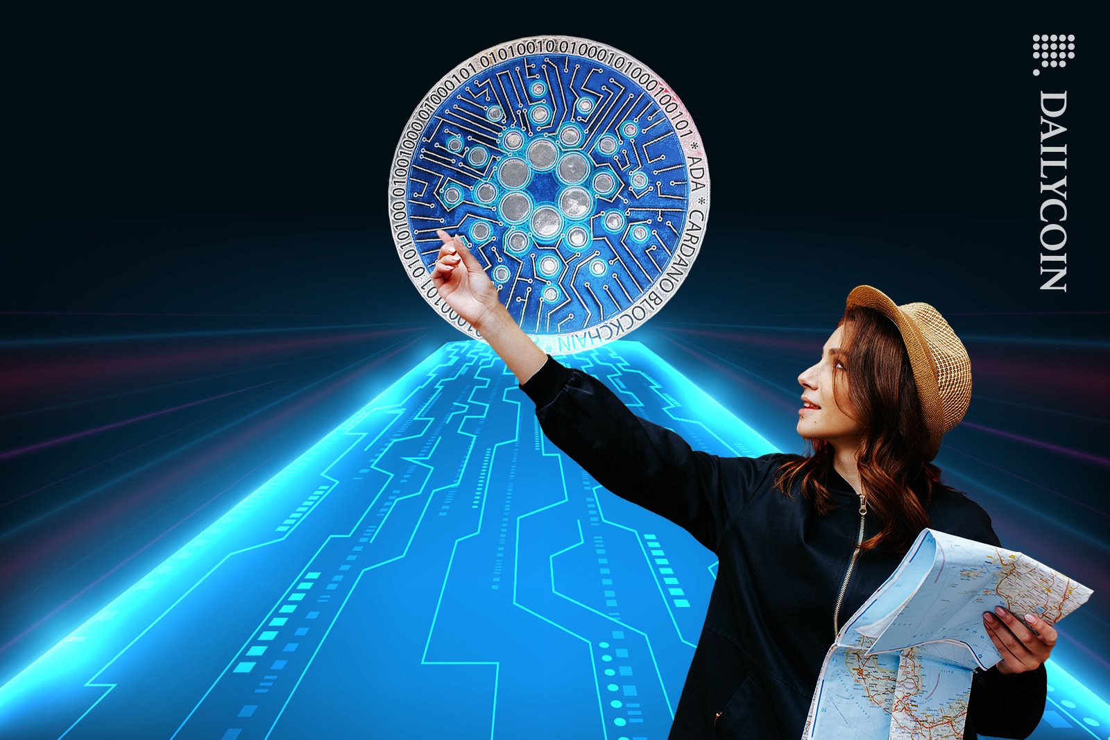 Woman holding a map seeing Cardano coin at the end of the digital road.