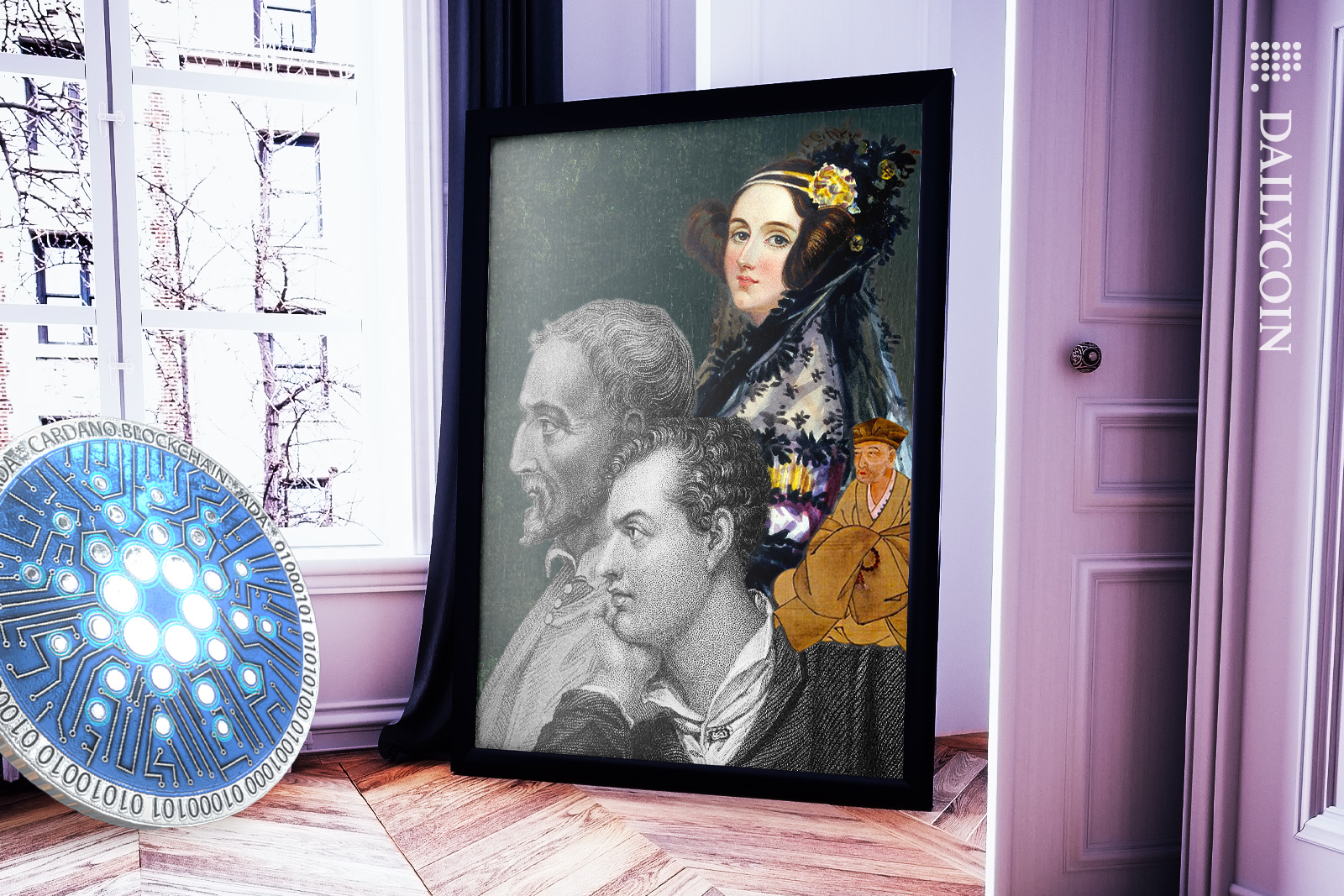 Room with a Cardano coin and a massive painting with Gerolamo Cardano, Ada Lovelace, George Gordon Byron and Matsuo Basho.