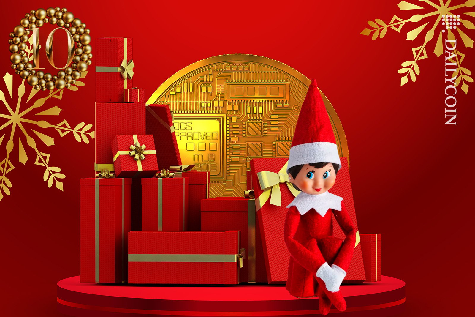 Elf on the shelf going through the wrapped up crypto coins.