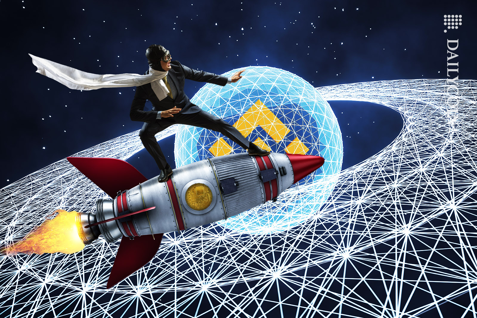 Man on a crypto coin rocket flying past the Binance space.