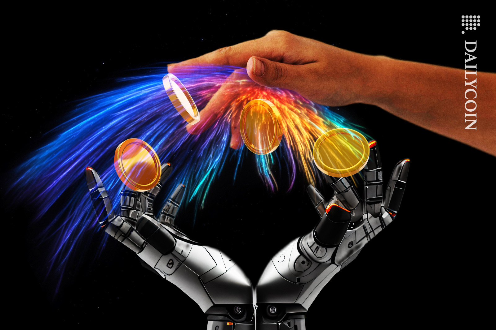 Hand giving coins to robot hands.