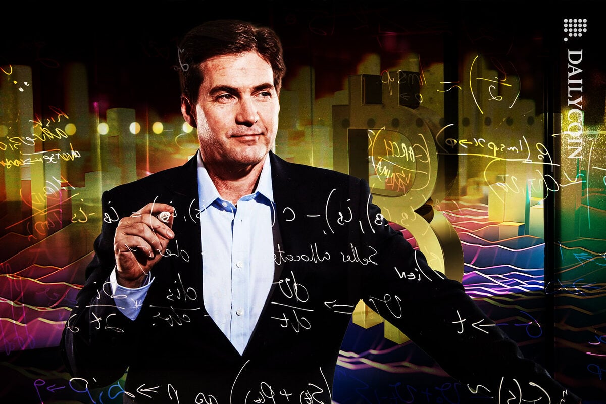 Craig Wright writing calculations on screen, and BTC is on a wave behind him.