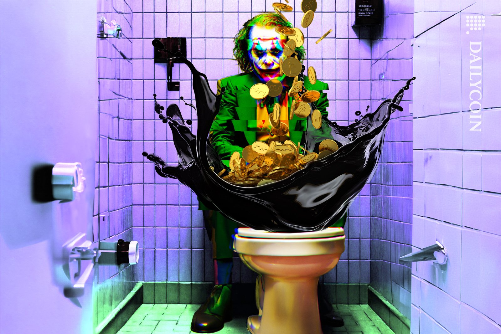 Joker sitting next to toilet flushing coins down.