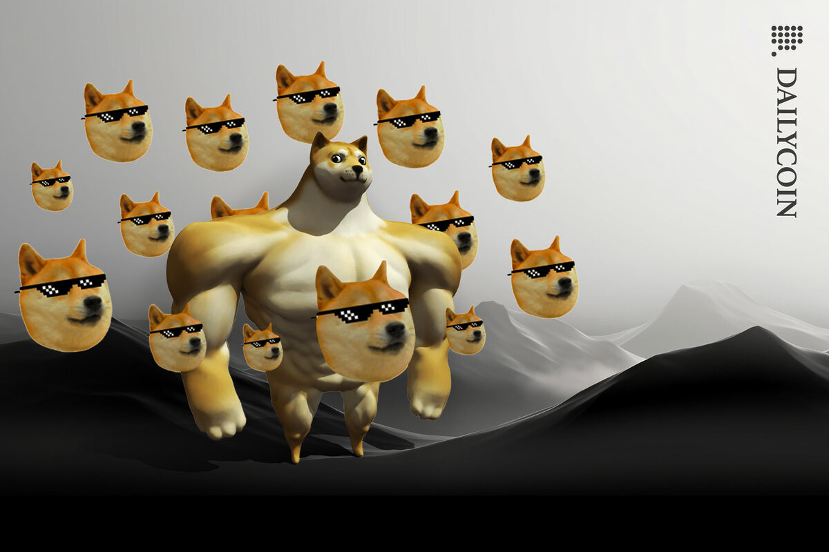 Doge walking in the desert and Doge heads keep multiplying & following him.