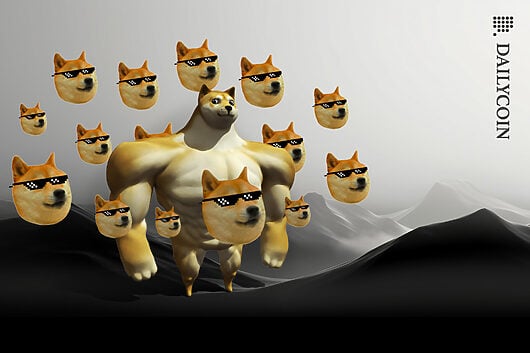 Doge walking in the desert and Doge heads keep multiplying & following him.
