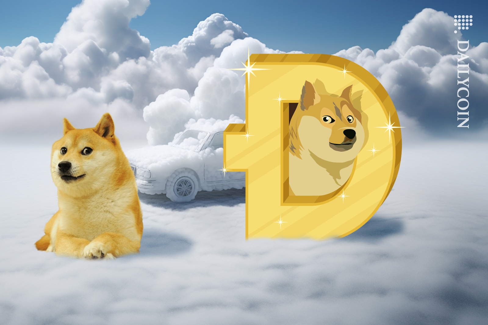 Doge on the clouds with his doge coin.