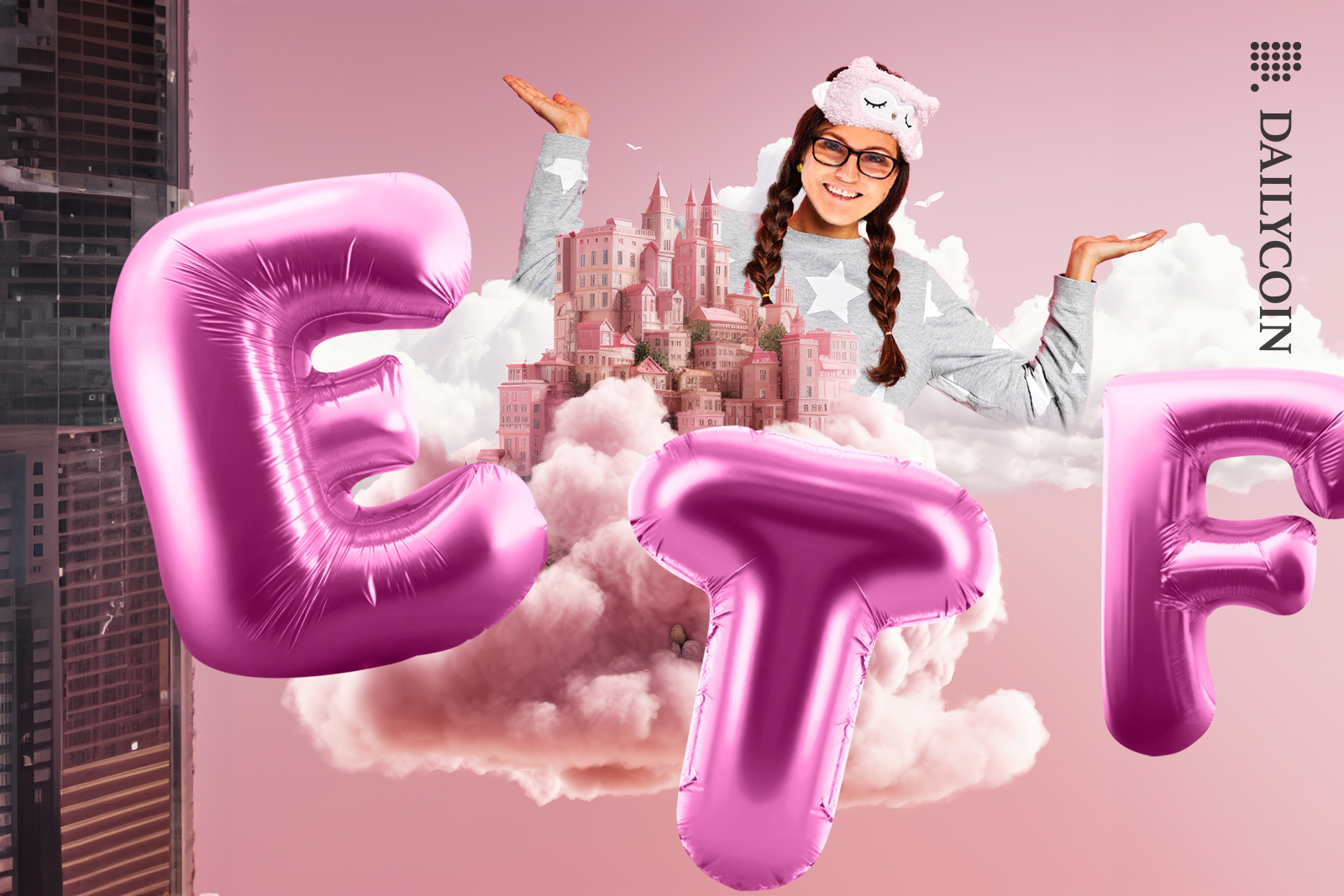 Cathie Woods in her magical empire with baloons of ETF and pink castle on a cloud.