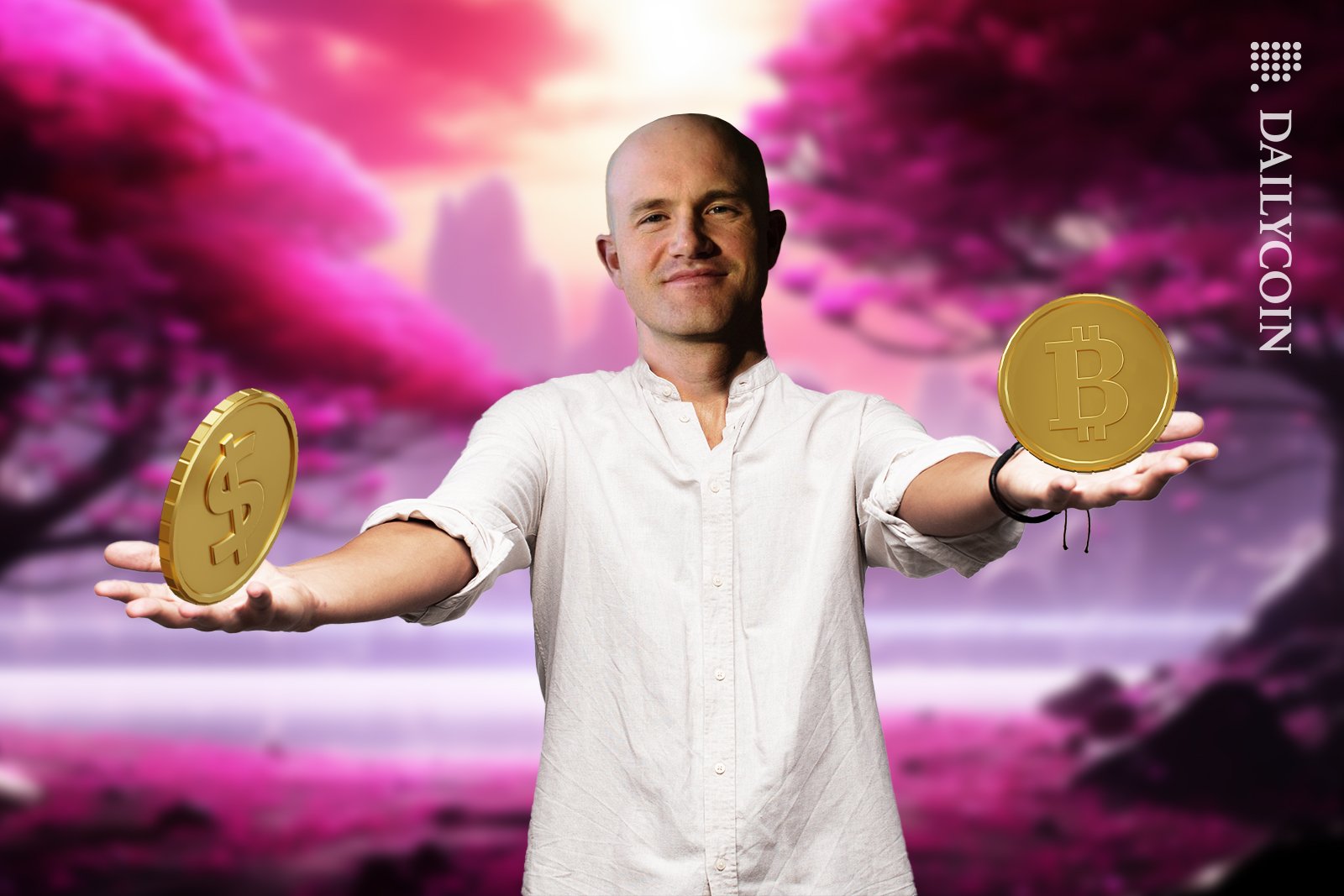 Brian Armstrong holding Fiat and Bitcoin together in magical land.