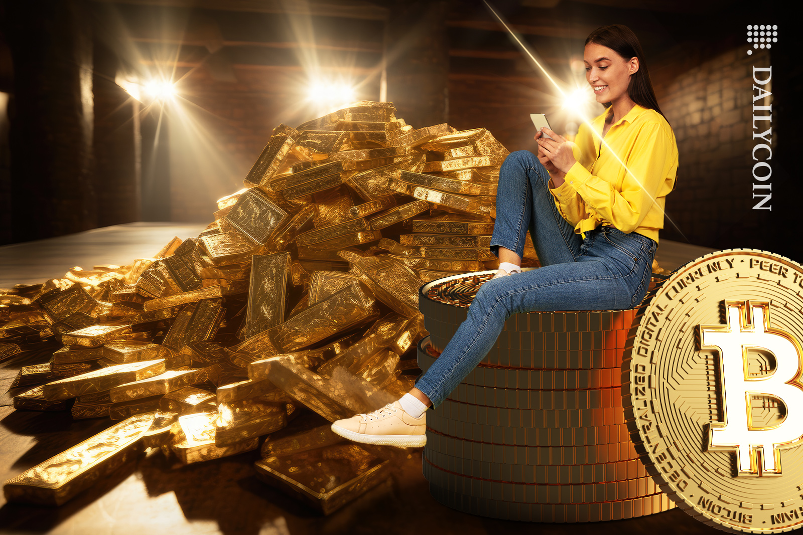 Girl sitting on massive bitcoins, not paying attention to her massive stack of gold.