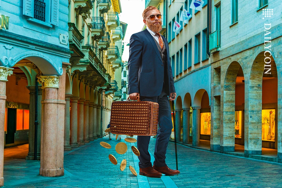 Rich man in Lugano has bitcoins falling out his suitcase.