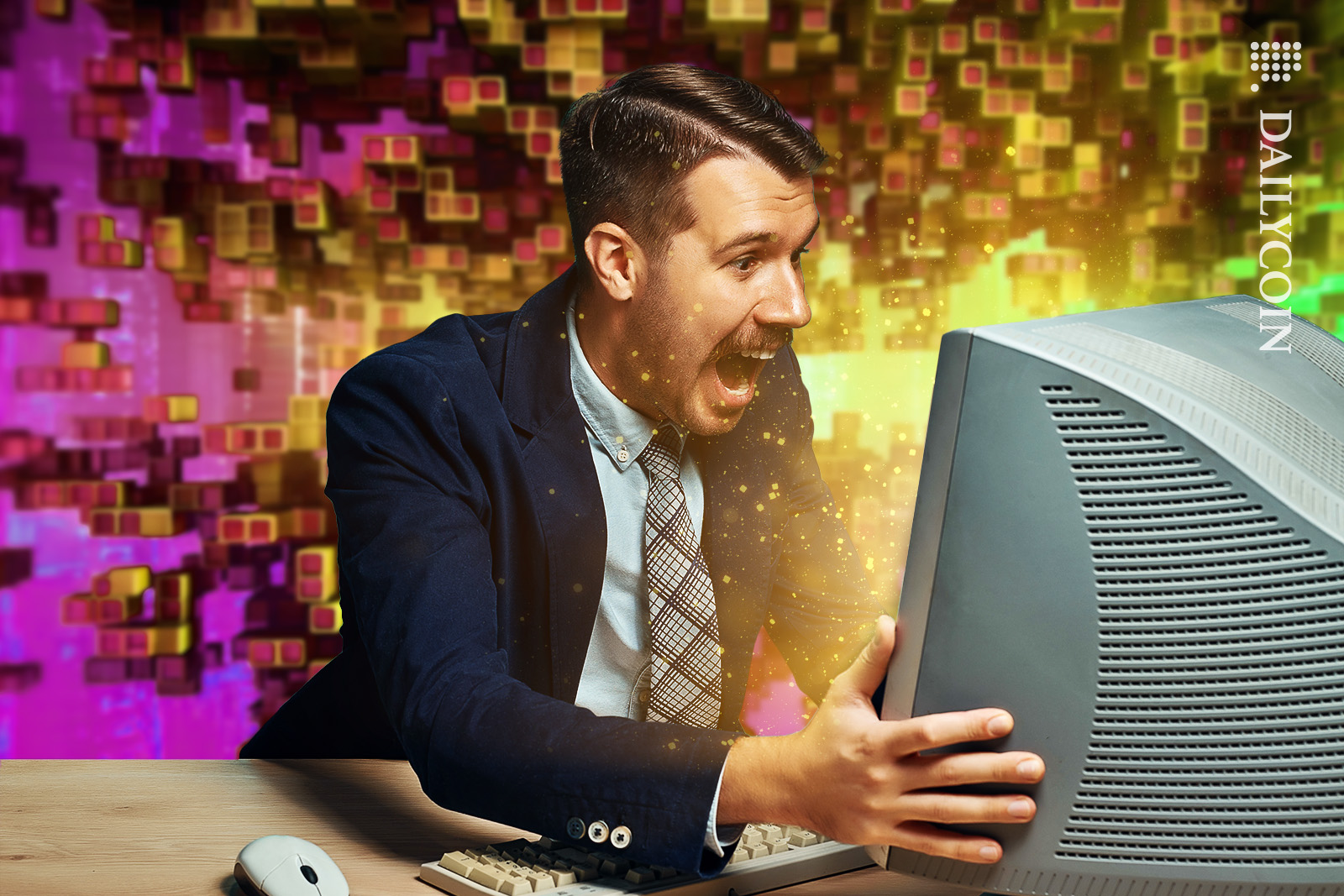 Man holding the computer cannot believe the blockchain news.