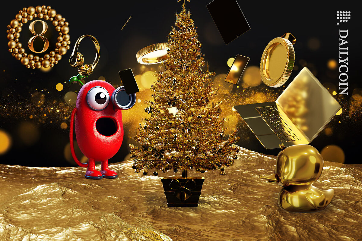 The gold Christmas tree is exploding with Crypto coins and gift, NFT's are impressed.