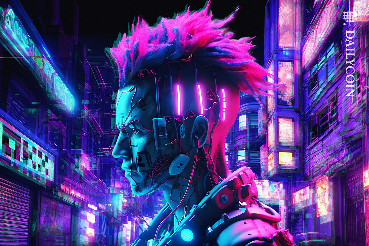 OKX cyberpunk character concerned his city is in a glitch.