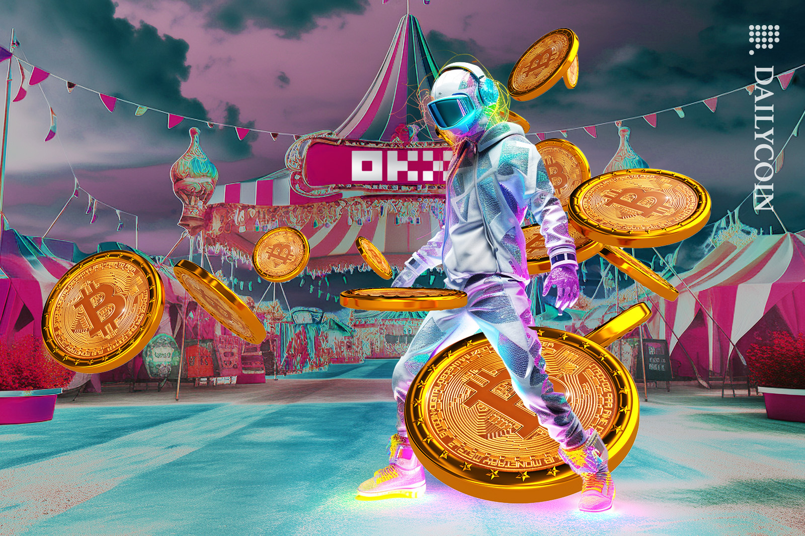 OKX carnival and robot dancing with BTC coins.