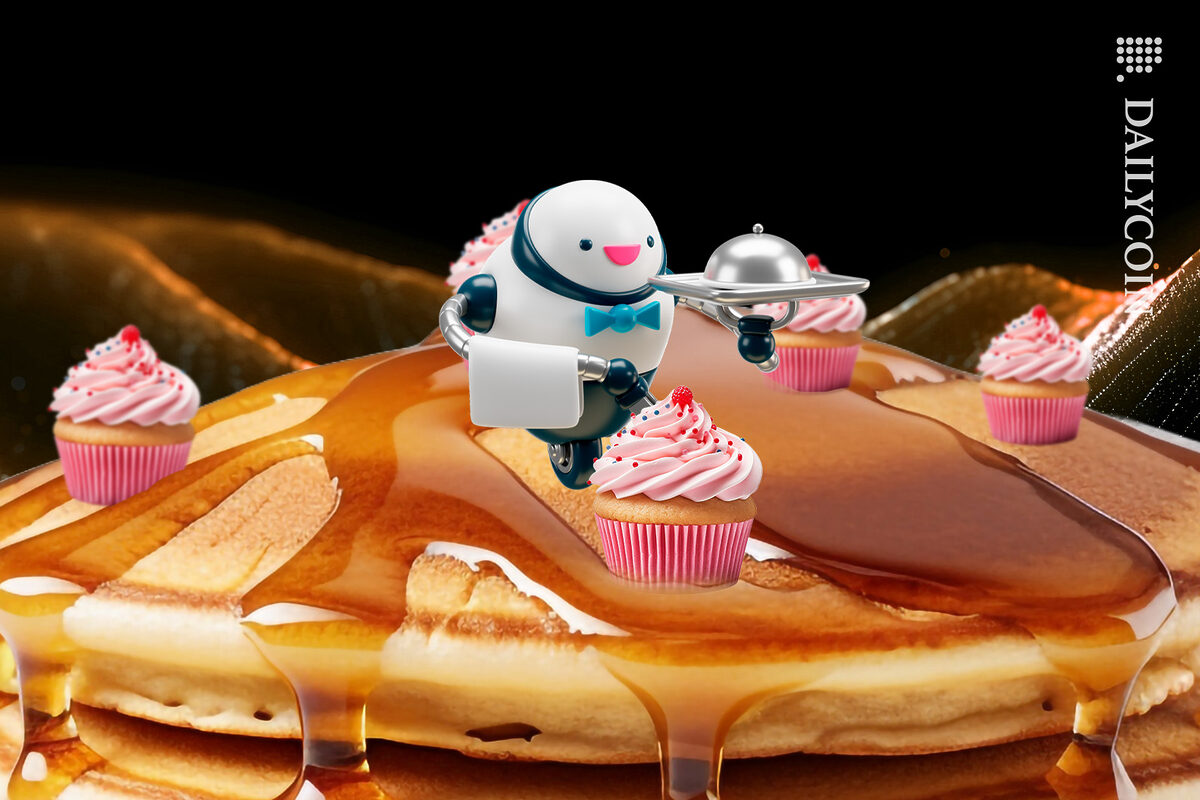 Little robot serving little cup cakes on a massive pancake in a digital land.