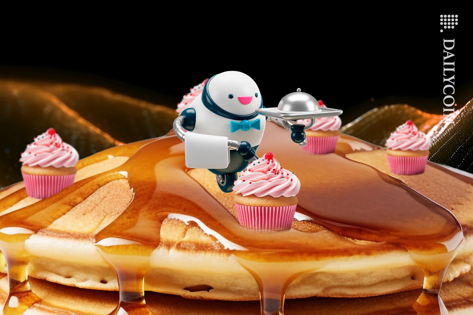 Little robot serving little cup cakes on a massive pancake in a digital land.