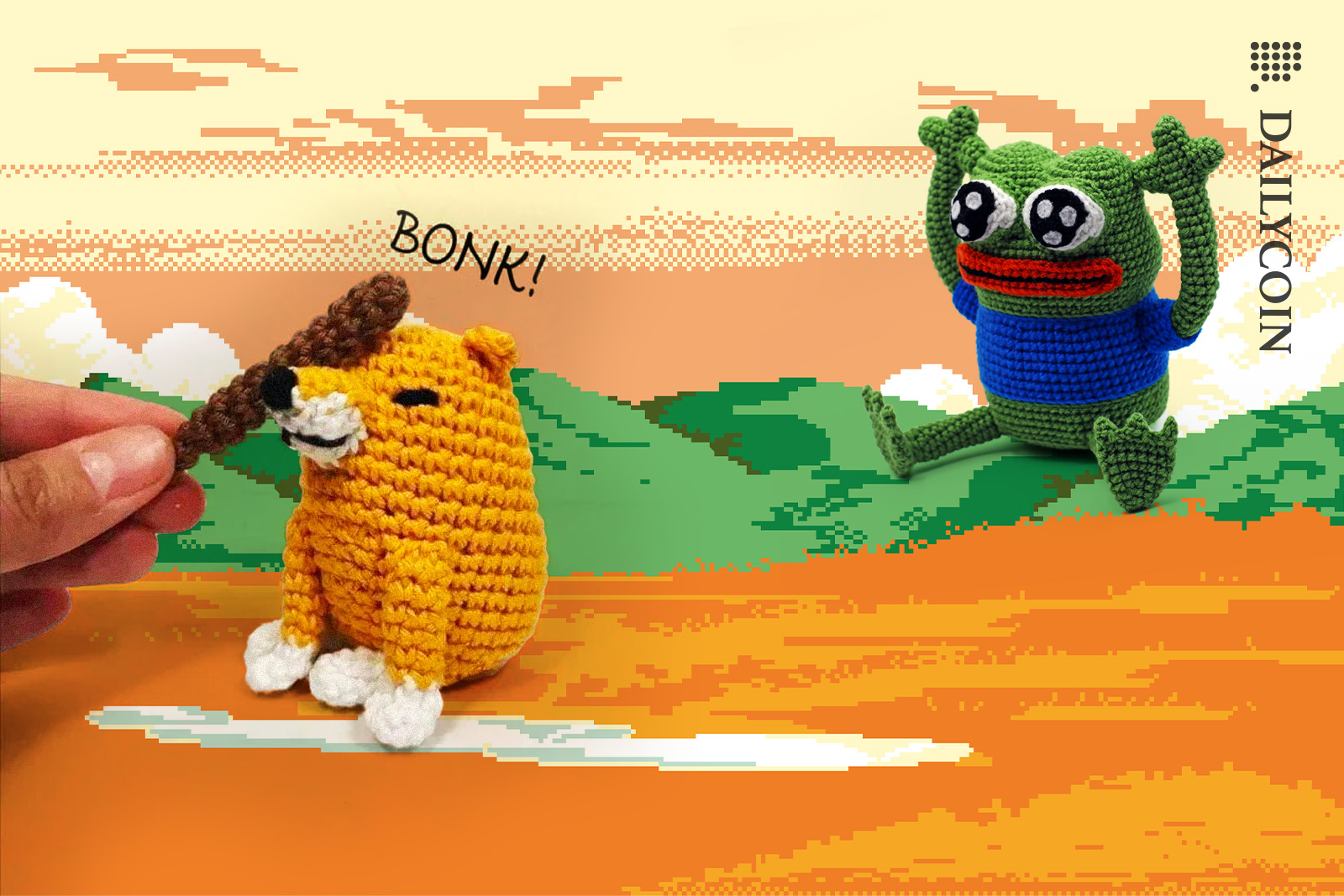 Person is playing with BONK! and pepe is watching them in the distance.