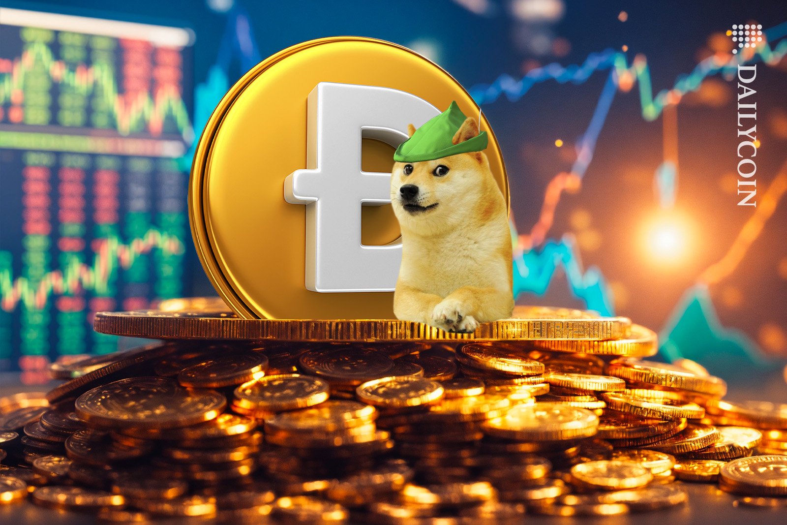 Doge sitting on a pile of coins with a robin hood hat.