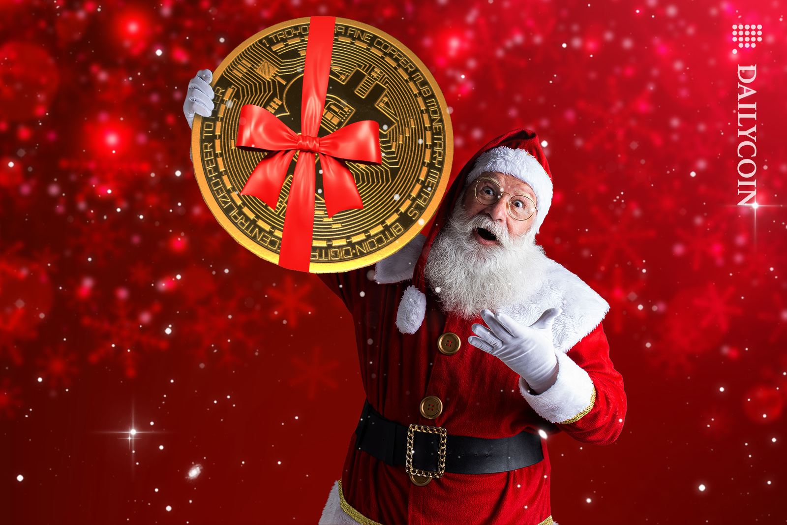 Santa holding a present that is a big Bitcoin.