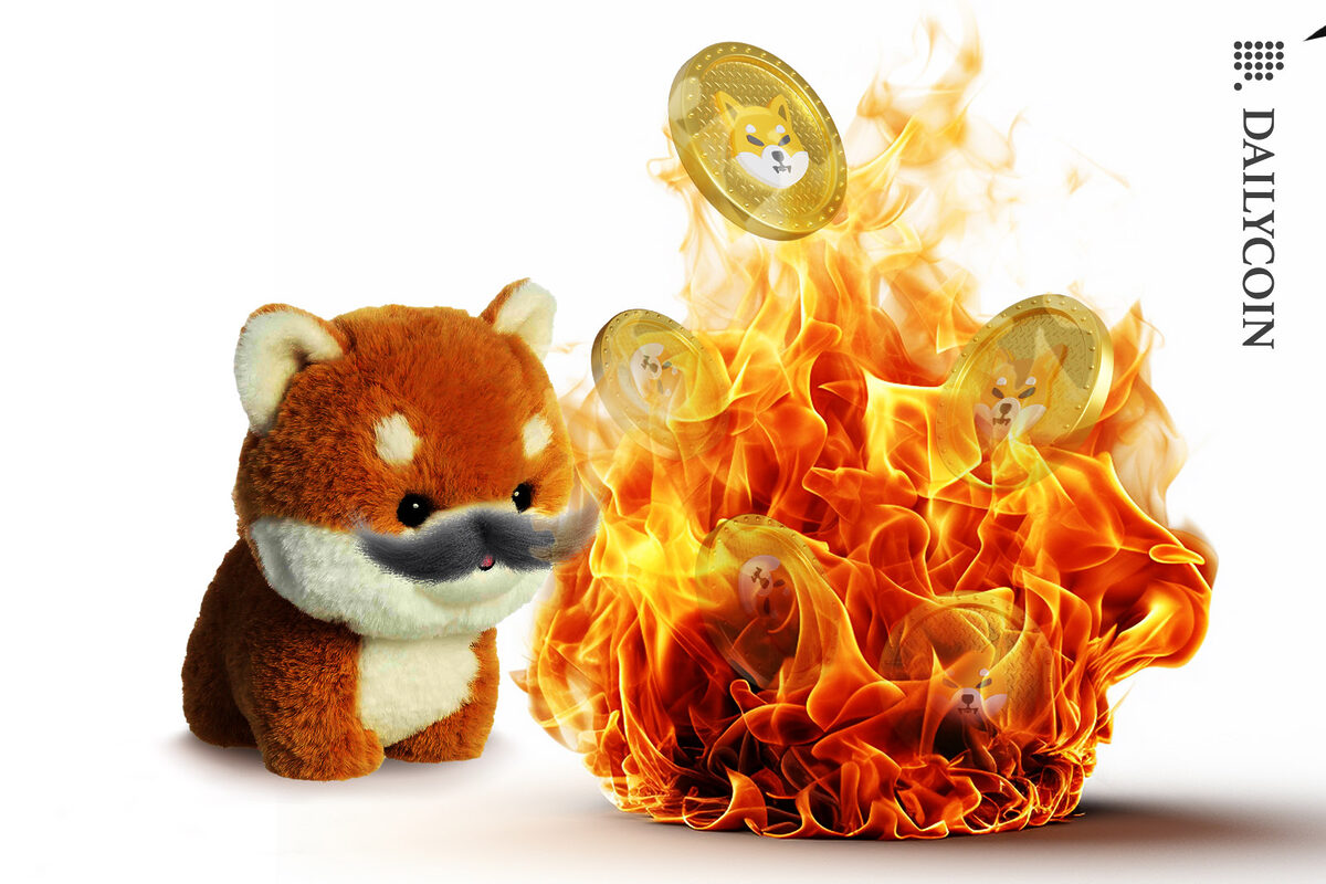 Shiba inu tokens in a small fire and little puppy shiba inu plush is getting tired.