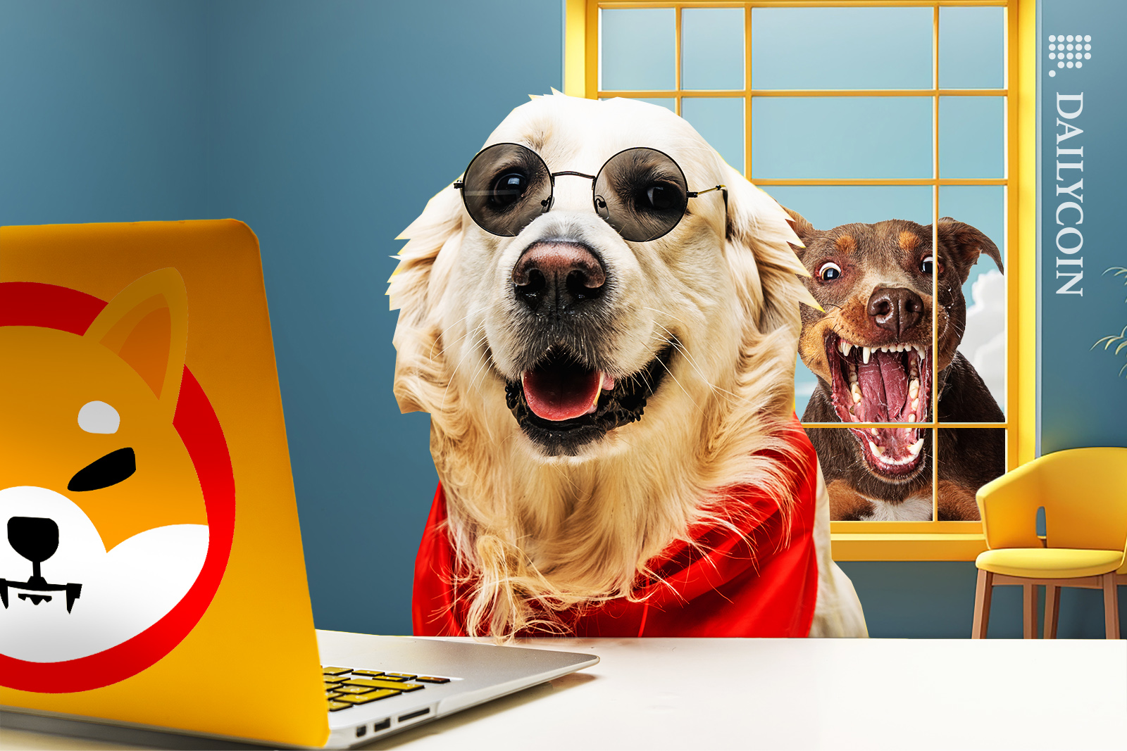 SHIB token investor at a desk and a dog in the background seeing shib token results shocked.