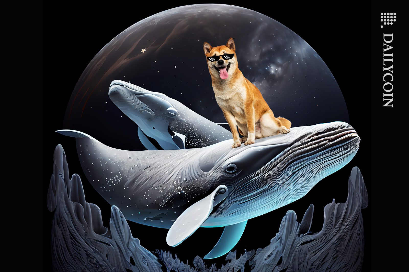 Shiba inu riding on a whale with cool glasses on.