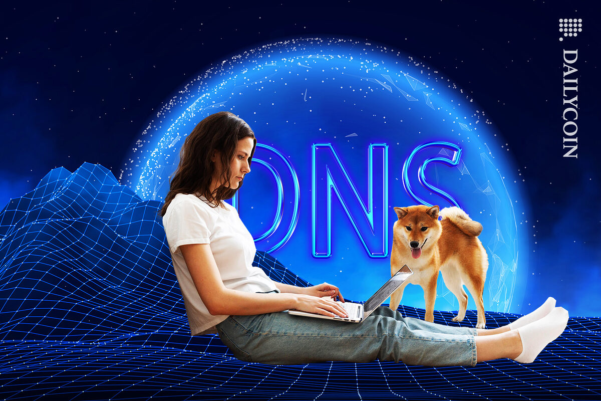 Woman on her computer registering DNS domain with Shib.