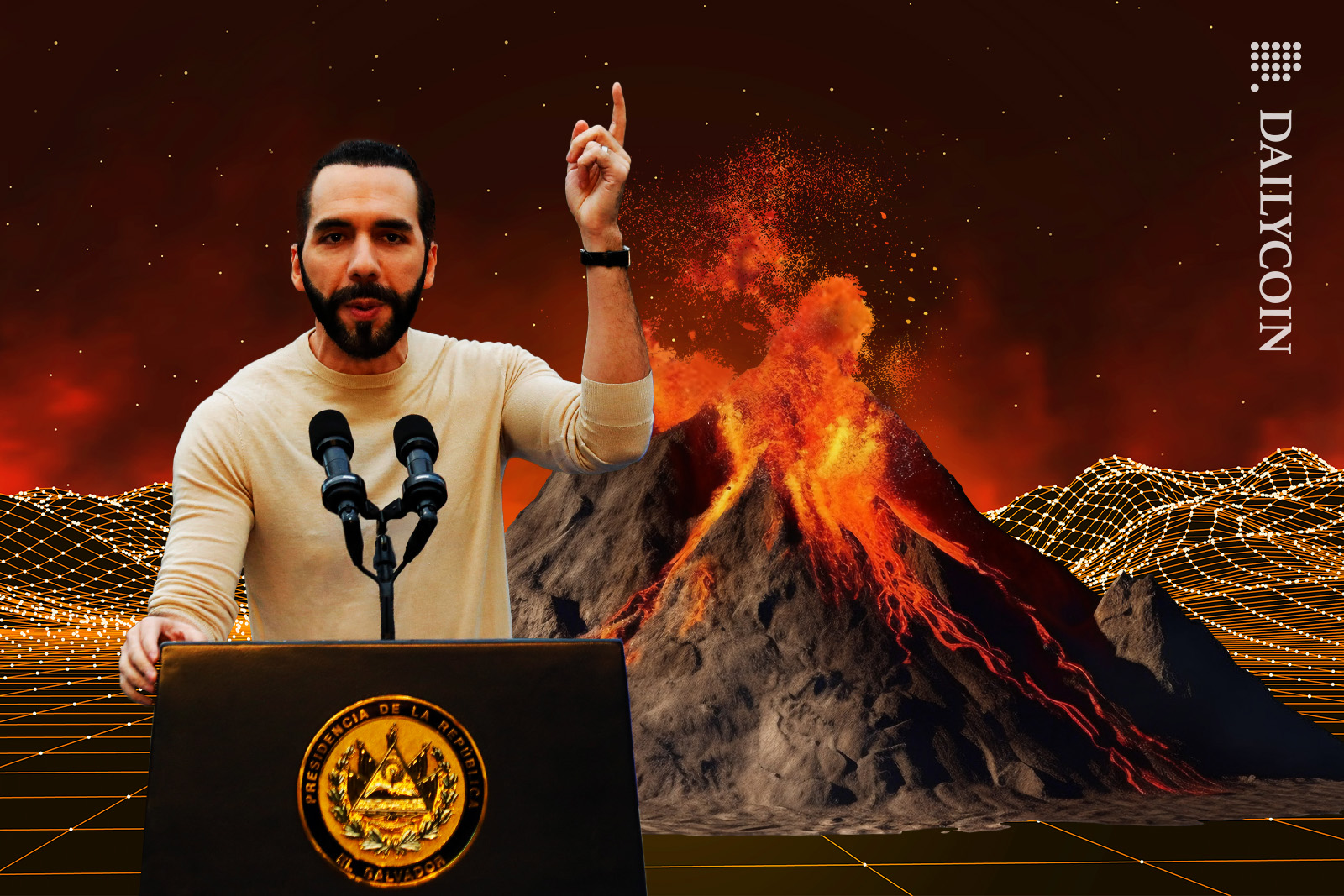 Nayib Bukele on digital land with a volcano exploding.