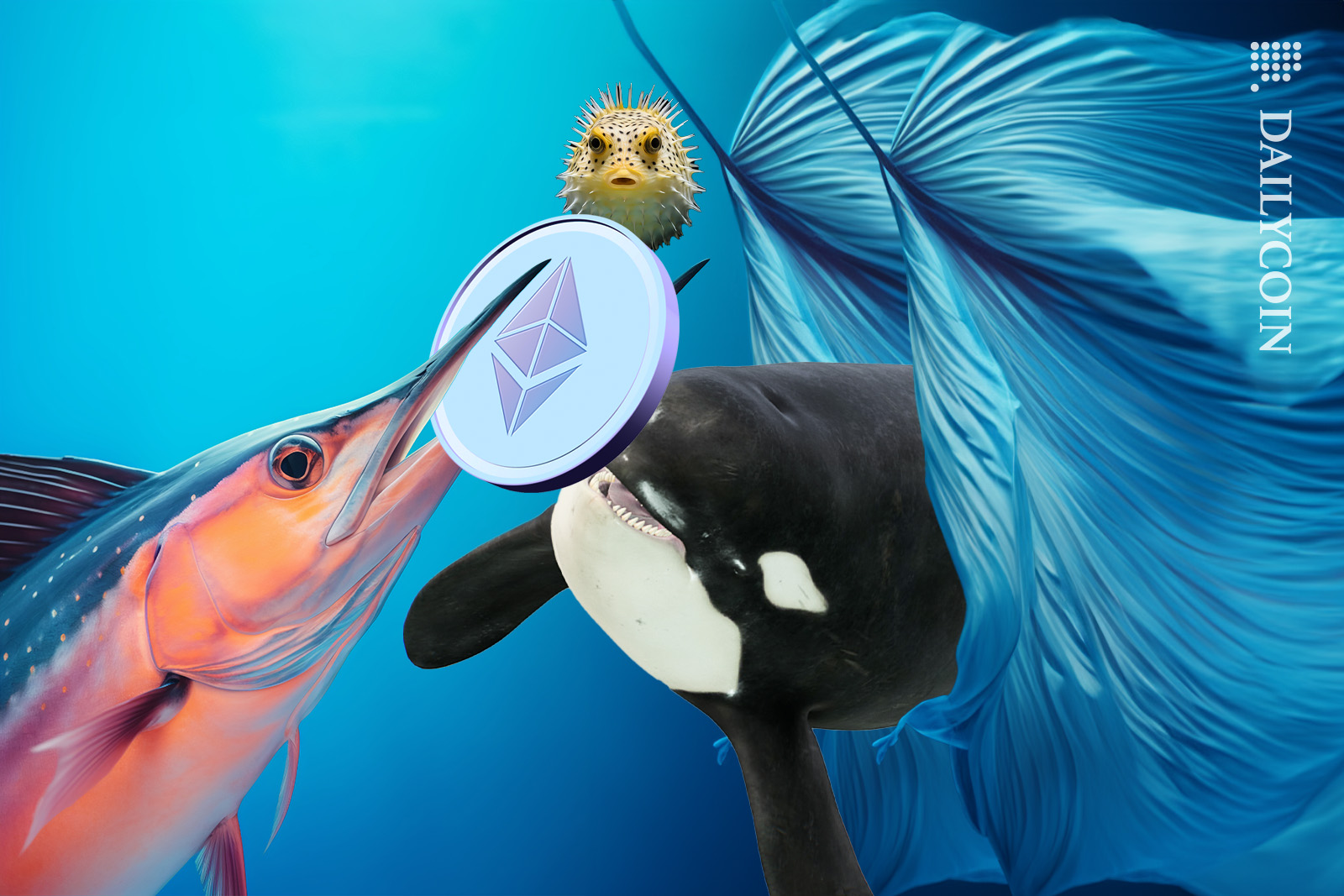 Killer whale marching toward a fish holding a ETH coin.