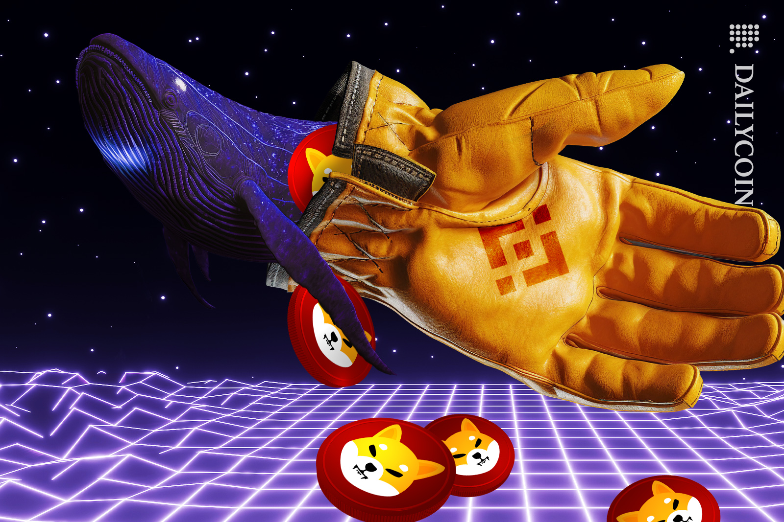 Whale coming out of a Binace glove releasing his shib coins on to the digital floor.