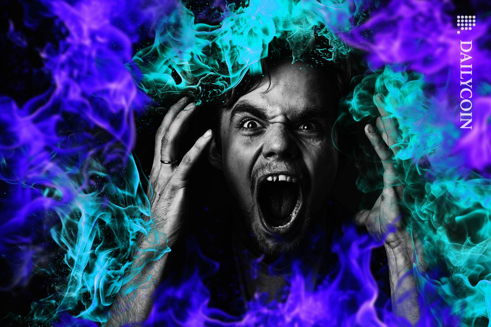 A man exploding with anger, surrounded by blue flames.