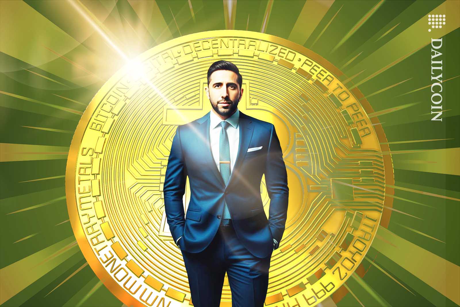 Anthony Pompliano walking infront of a huge shiny golden Bitcoin.