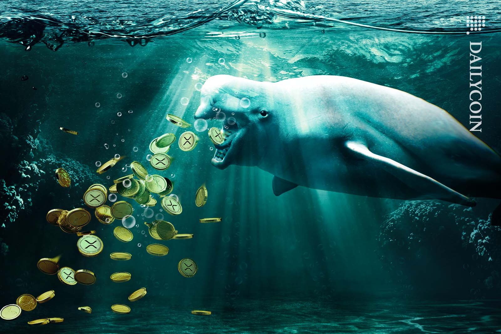 Beluga whale throwing up XRP coins under water.