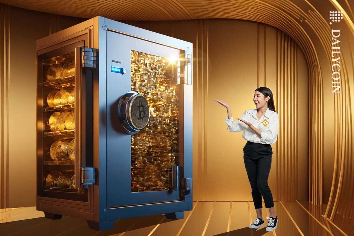 Binance employee presenting a safe full of Bitcoins.