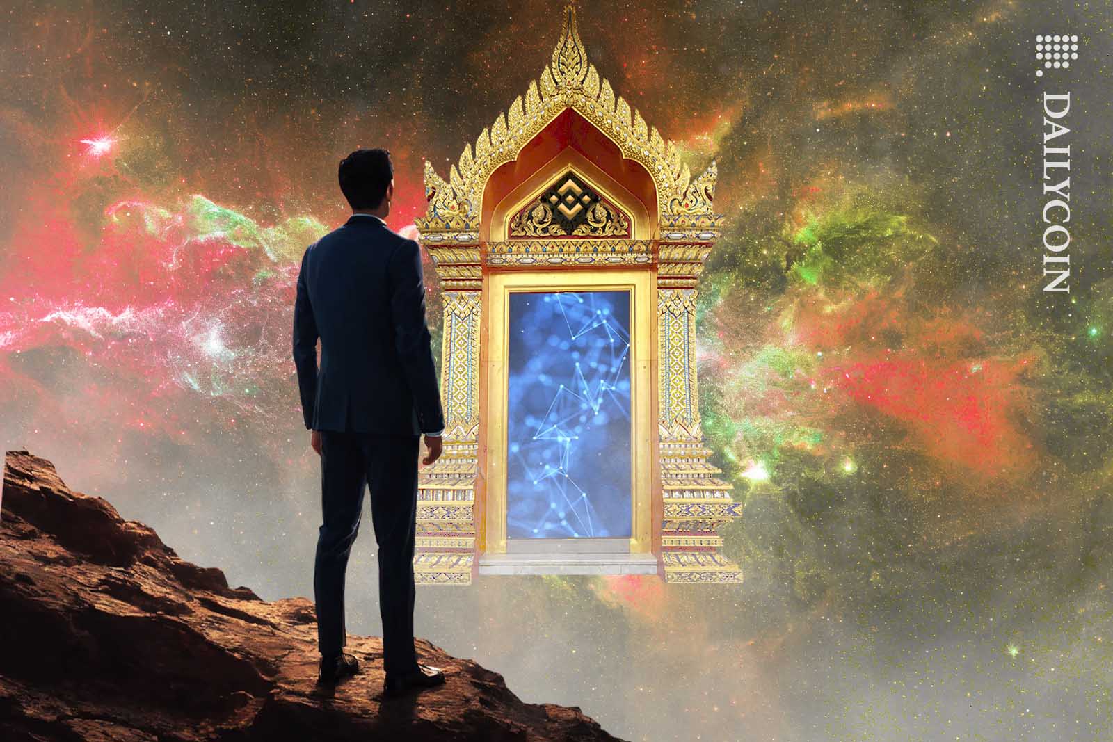 Man in suit staring at an open Thai style door with a Binance logo on it in space.