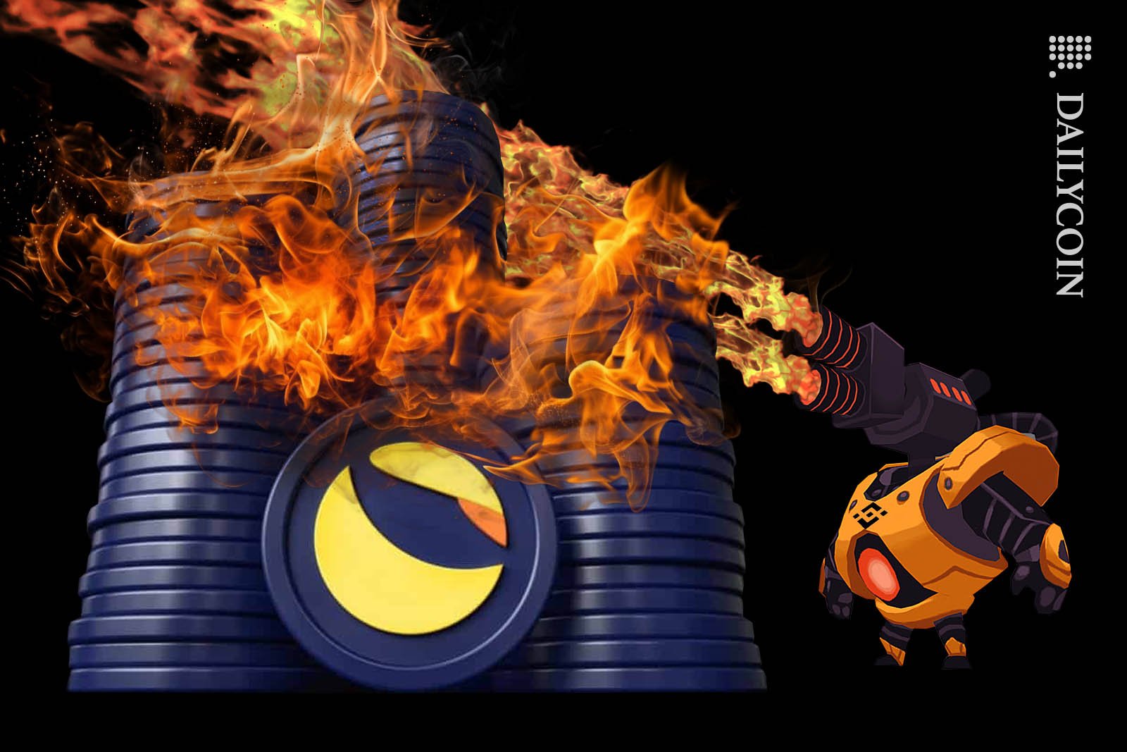 Binance flamethrower robot burning a pile of LUNC coins.