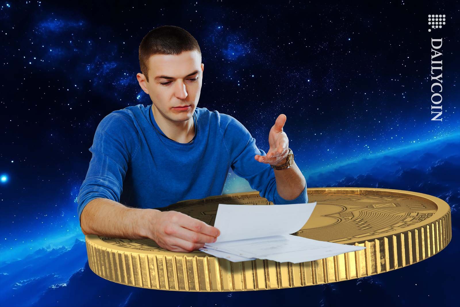 Young man looking at a document on a large Bitcoin.