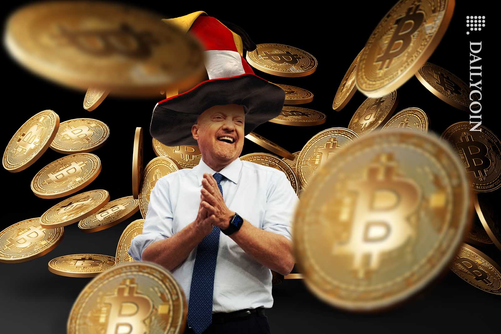 Jim Cramer laughing, wearing a clown tophat, surrounded by falling Bitcoins.