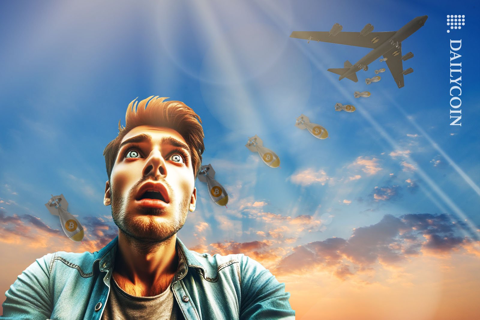 Man looking up towards the sky with a scared impression. Bomber above dropping Bitcoin bombs.
