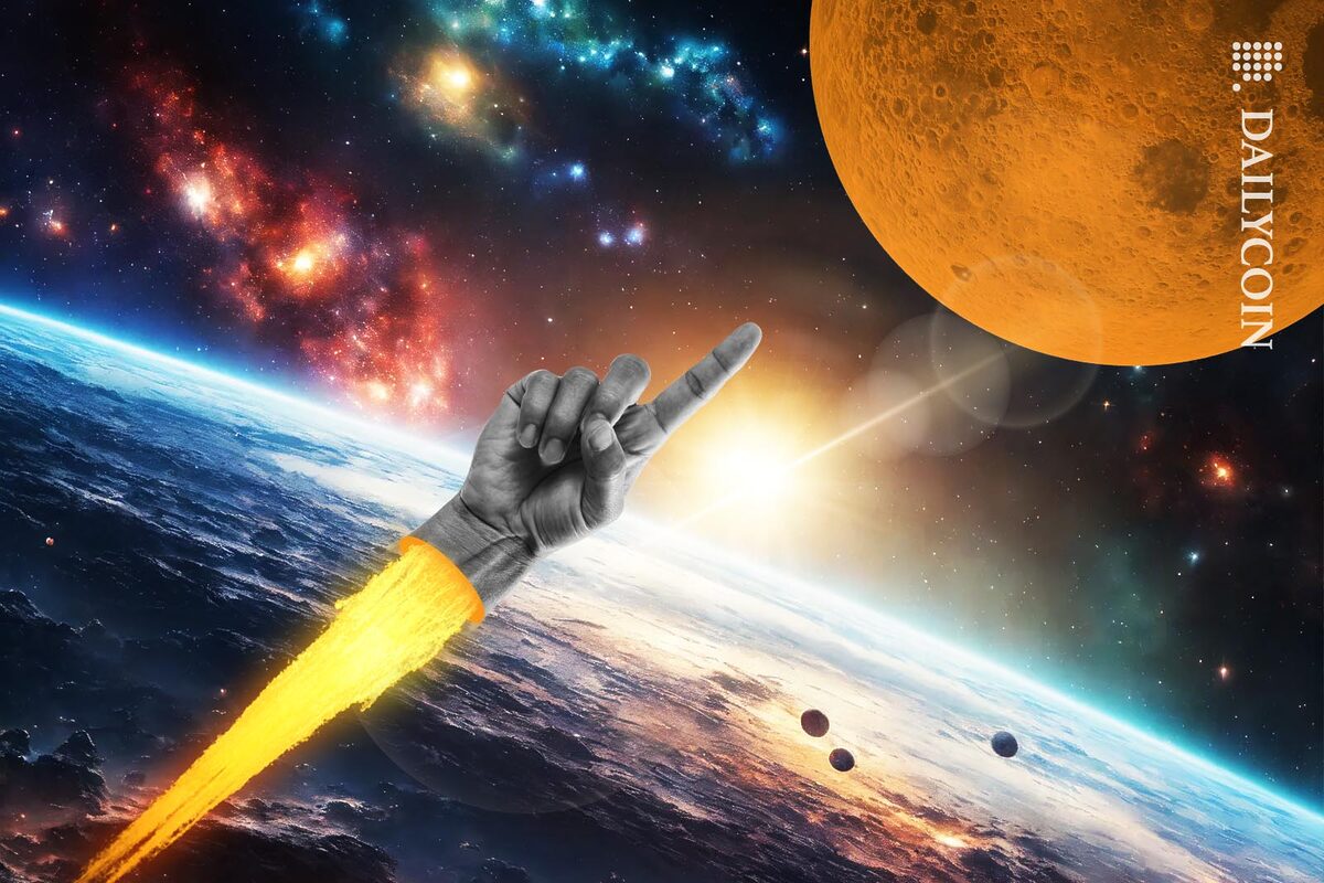 A hand in space flying towards the Moon in soace with high speed.