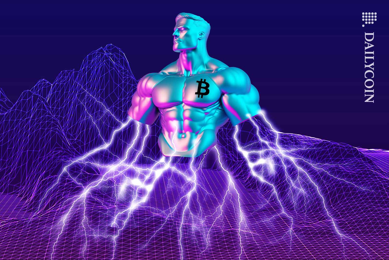 Iridescent Bitcoin statue being charged up by lightnings.