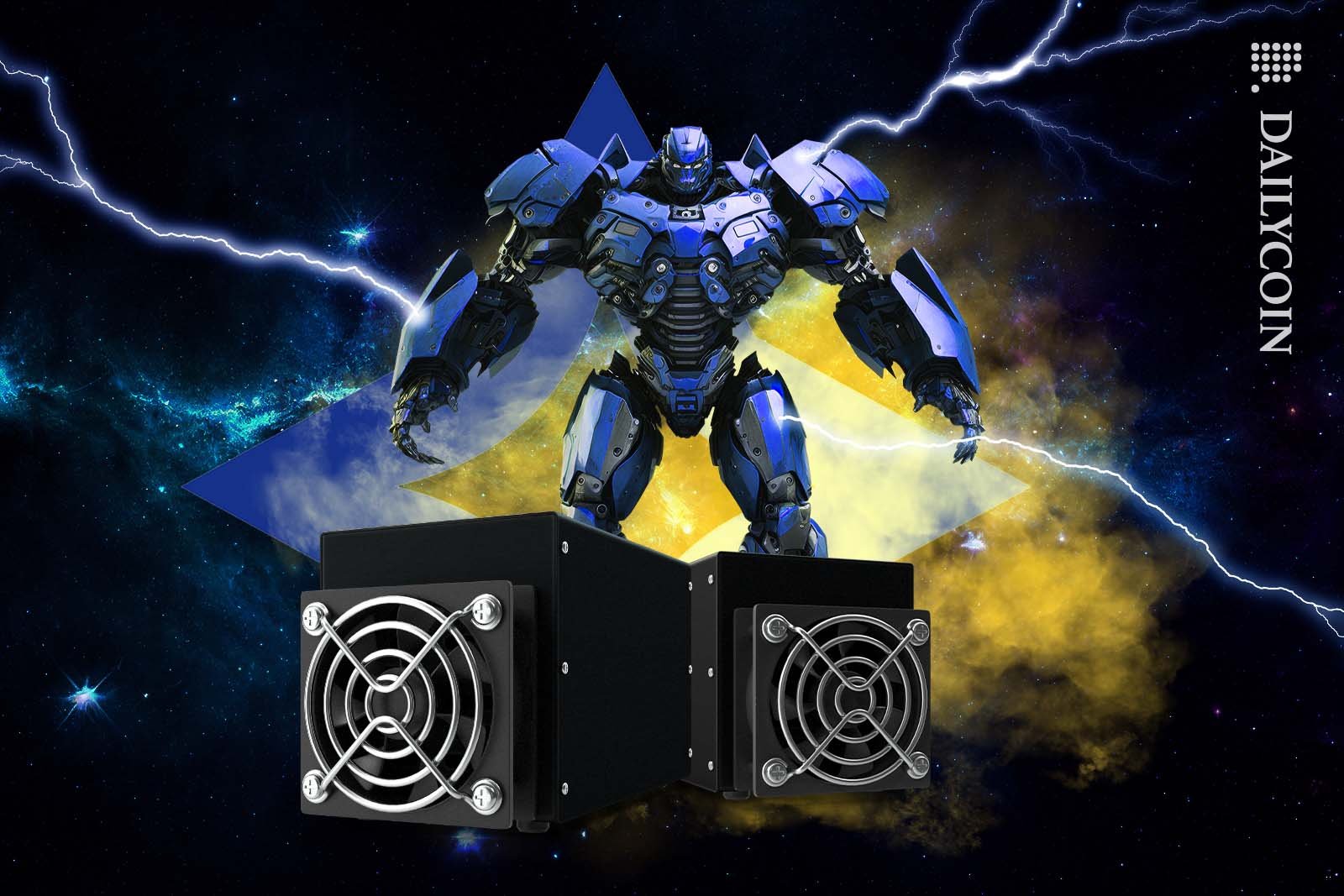 Big robot in space flexing behind two humongous crypto miners.