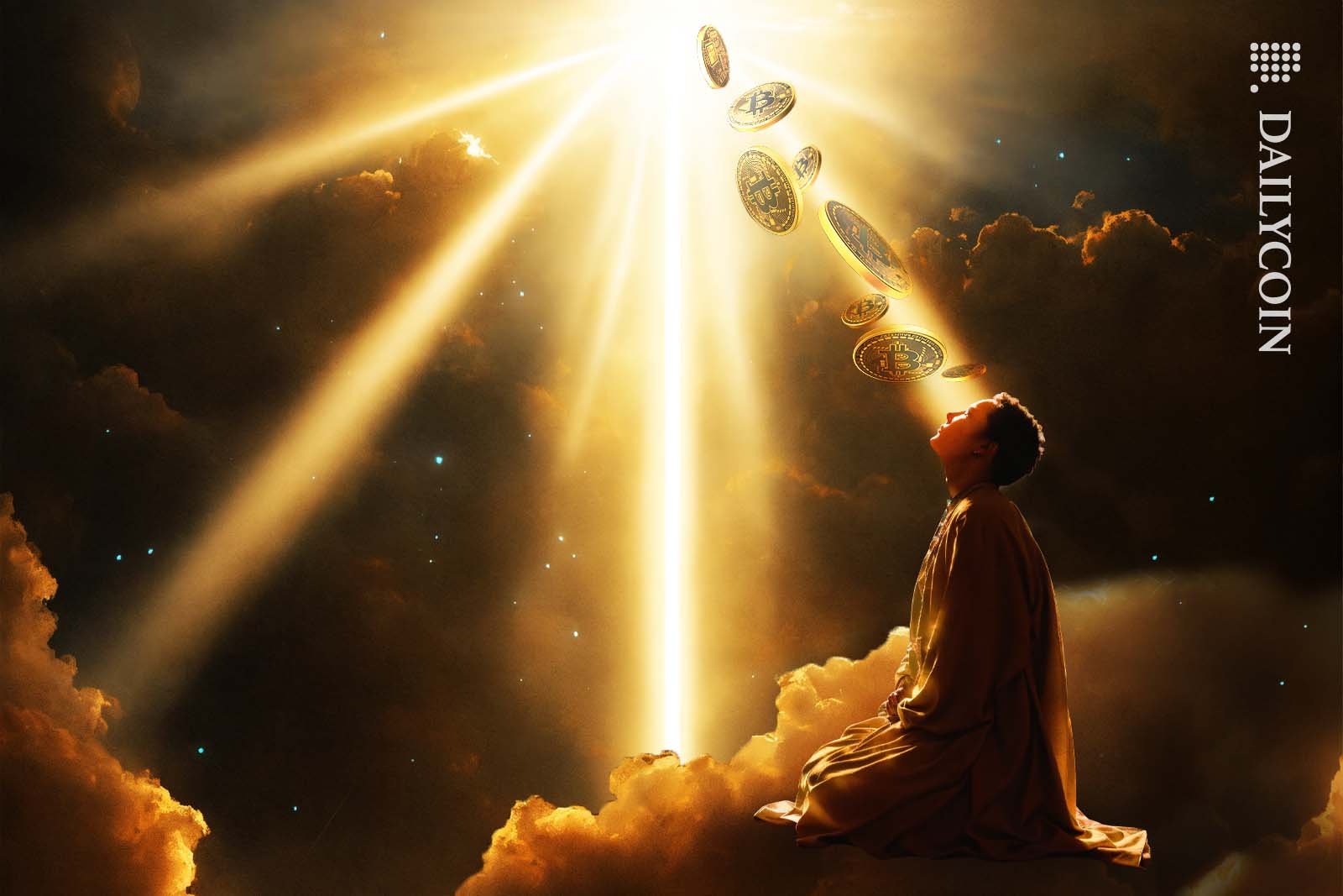 Person sitting on cloud recieving Bitcoins via a ray of light from the heavens.