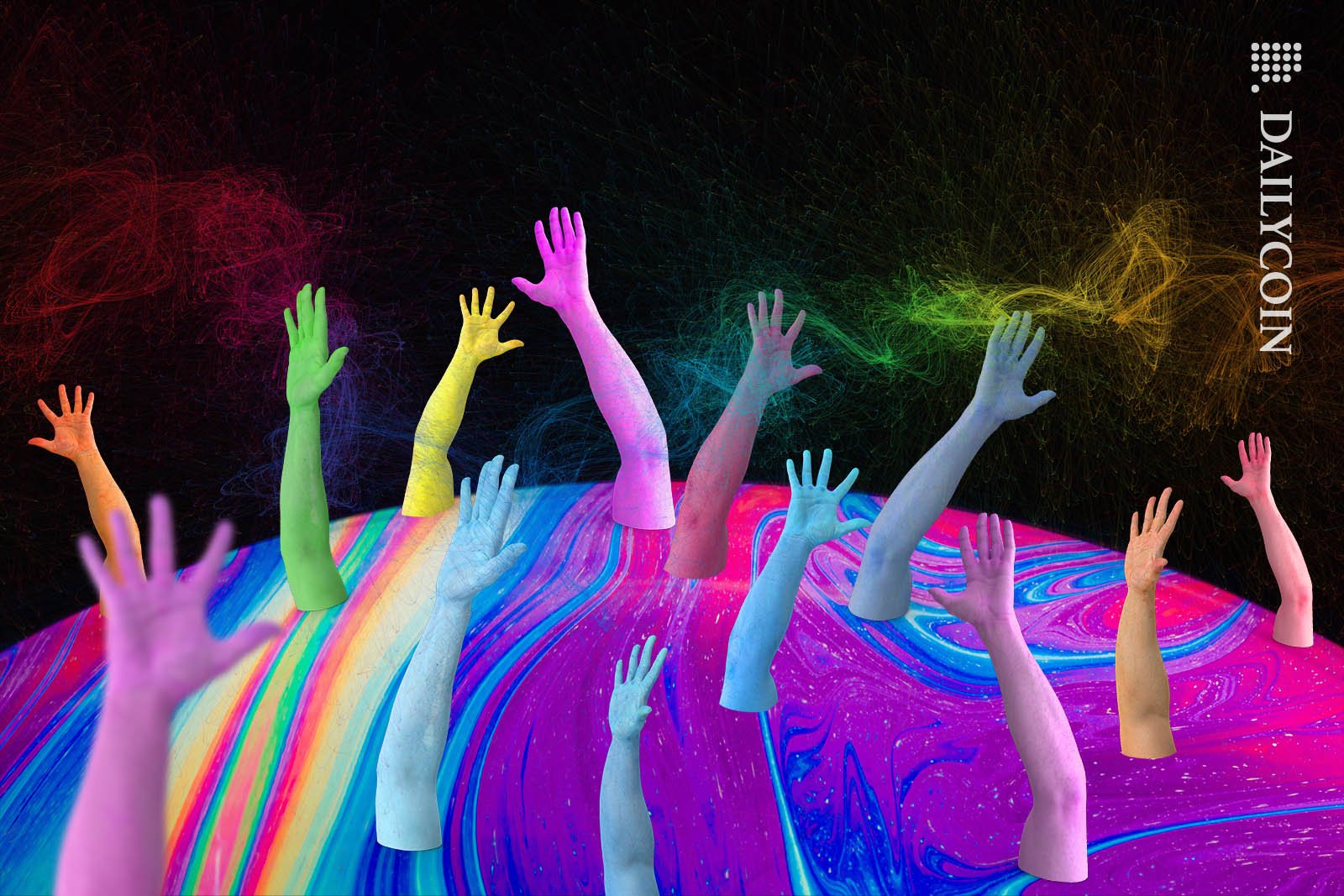 Lots of colourful hands reaching out to catch some colourful particles in the air.