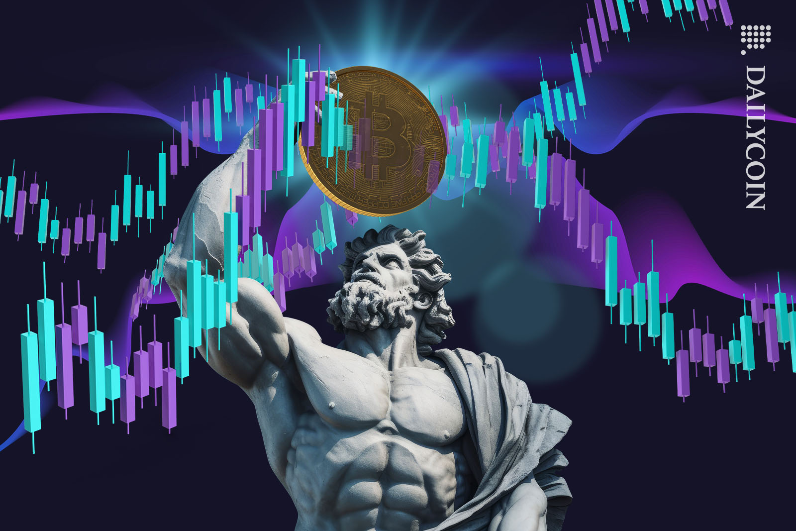 Athlas statue holding up a Bitcoin against lots of random charts.