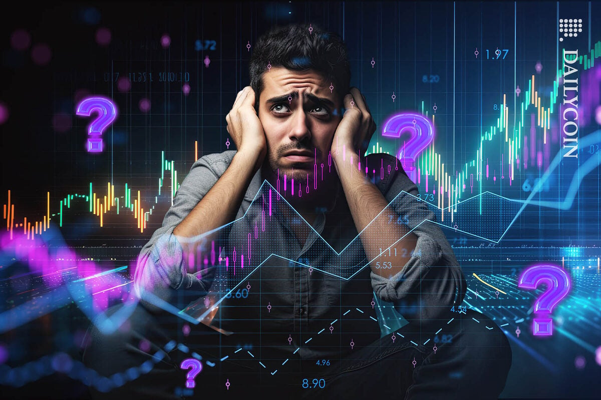 Man looking confused and scared sitting between crypto charts and question marks.