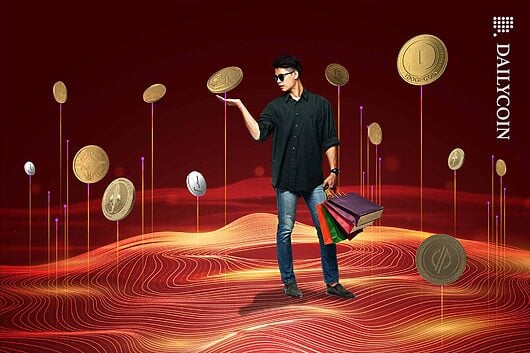 Man with shopping bags interacting with Crypto coins emerging from a digital ground.