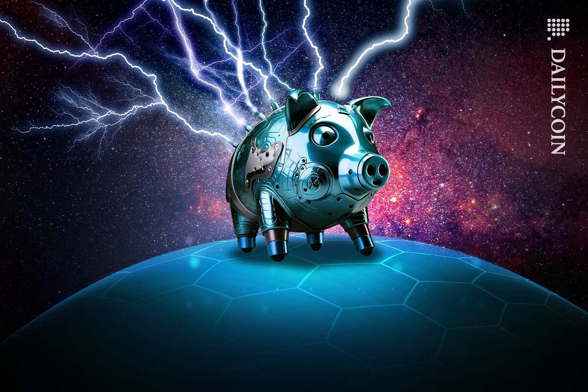 Crypto piggy bank being charged up by lightning bolts in space.